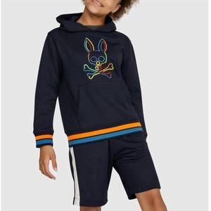 NEW PSYCHO BUNNY kid's barbon neon glow hoodie in navy